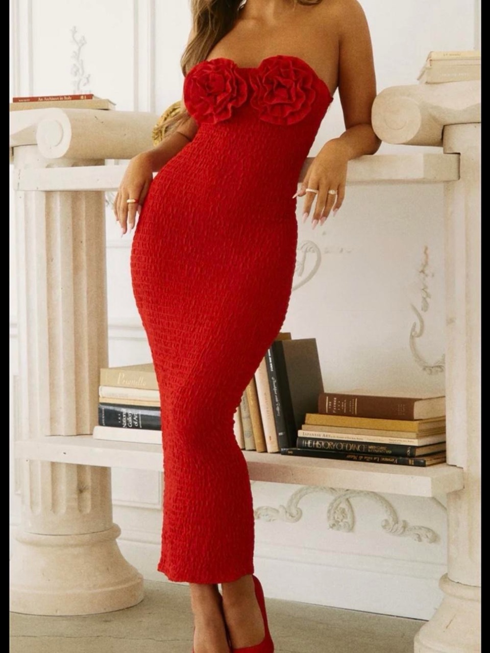 Strapless Red Floral Bust Midi Dress